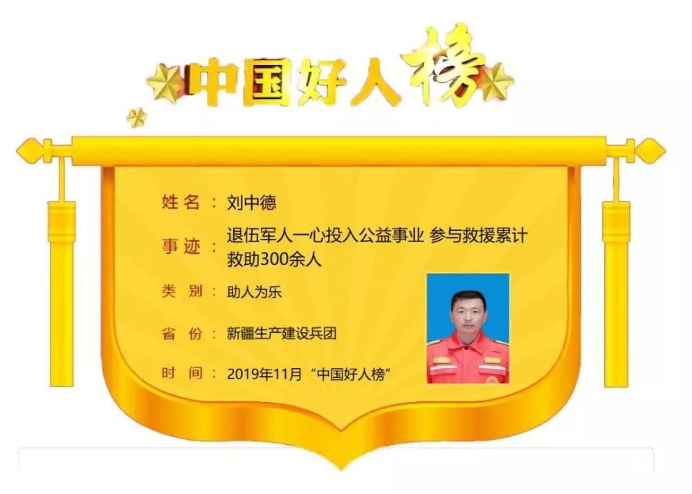 阿拉尔市退役军人刘中德入选11月“中国好人榜”